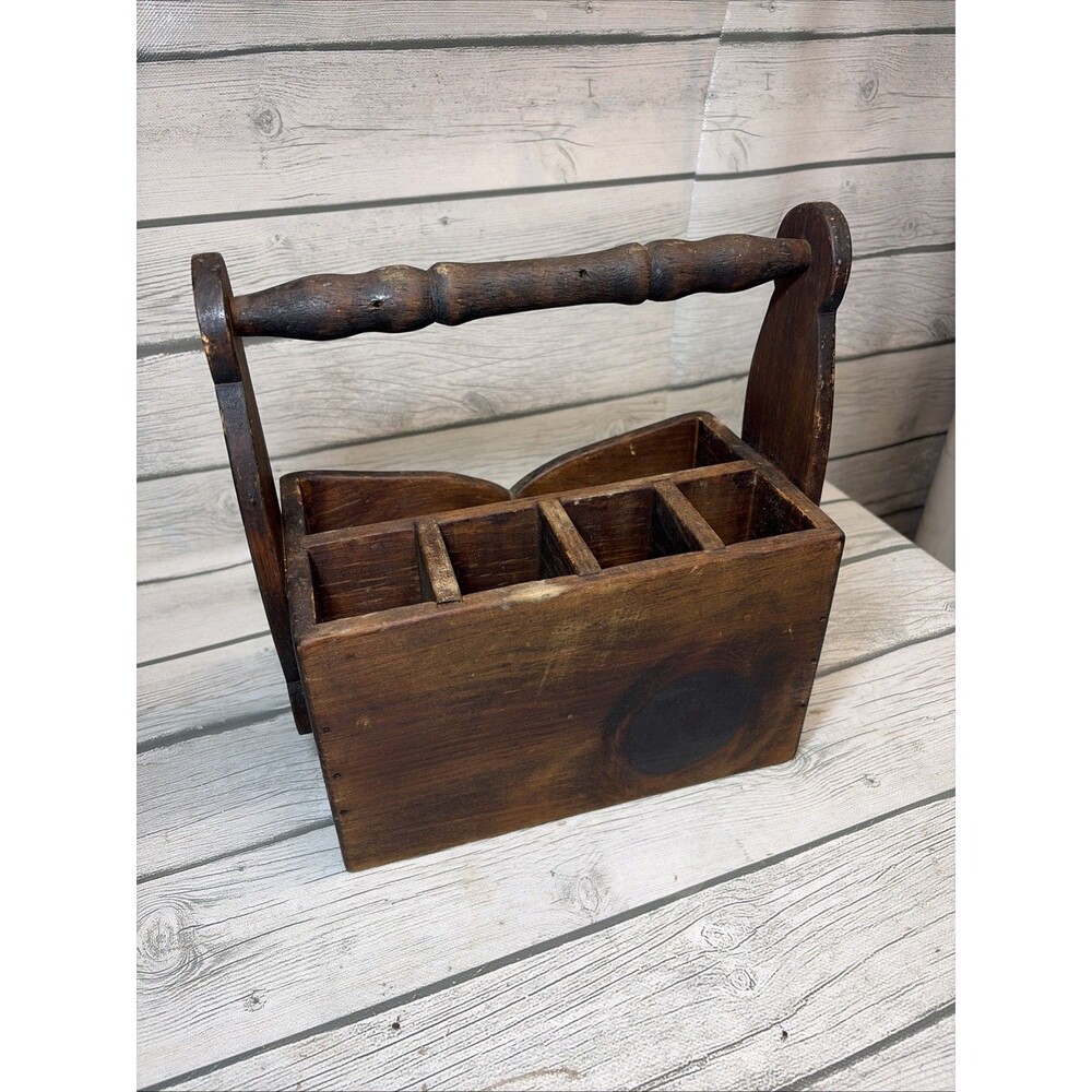 Vintage Small Wooden Carpenter Caddy Carrier Rustic Tool Box Tote Primitive